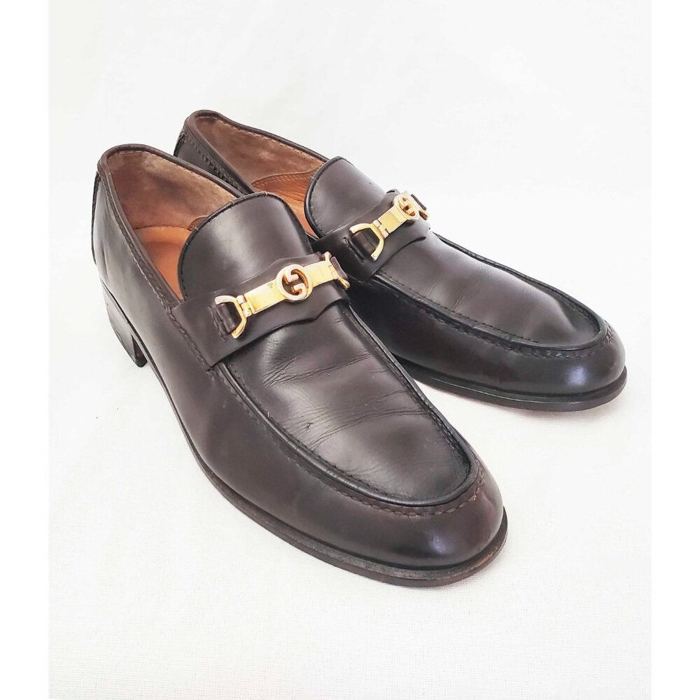 Vintage Gucci Men's Dark Brown Leather Loafers Shoes with Gold GG Buckle 42.5 - Picture 11 of 12